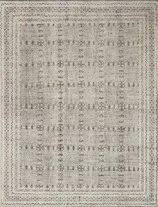Rectangular grey and ivory rug with intricate geometric and linear pattern in a soft, subtle color scheme