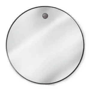 Large round hanging mirror with thin ebony metal frame and a small circular hanging detail at top center