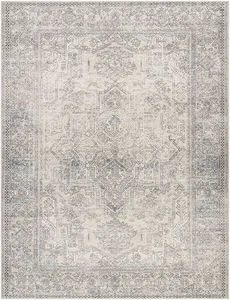 Margot Sage/Charcoal Machine Woven Rug with vintage inspired intricate central medallion and border in muted sage and char...