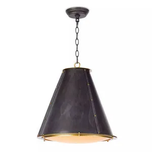 Blackened natural brass conical chandelier with natural brass rings and diffuser shade hanging from chain