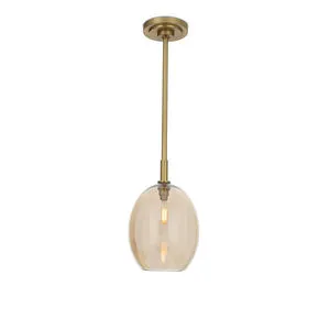 Single natural brass pendant with open-ended champagne glass globe and slim brass pipe hanging from ceiling mount