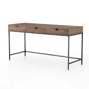 Trey Auburn Modular Writing Desk with three drawers and metal legs in warm brown wood finish