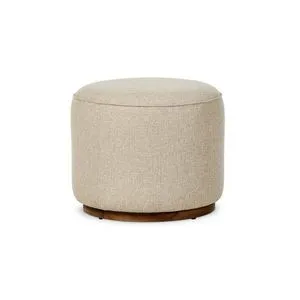 Sinclair Outdoor Ottoman with rounded shape, light beige woven fabric, and wooden swivel base