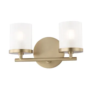 Ryan 2 Light Bath Bracket with brushed brass finish and two cylindrical frosted glass shades
