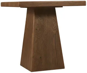 Square Driftwood End Table with a tapered pedestal base and Worn Saddle oak finish