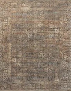 Traditional Heritage Mocha Denim Rug with vintage-inspired faded motifs in mocha and denim tones