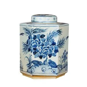 Product Image 1 for Blue & White Hexagonal Flower Bird Tea Jar from Legend of Asia