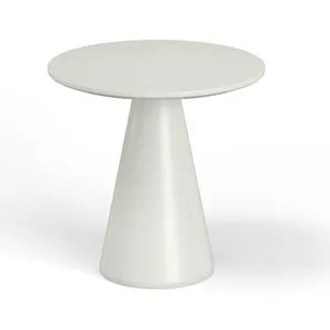 Round pedestal pub table in smooth light gray glass fiber reinforced concrete with a tapered base