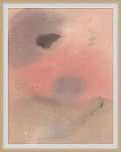 Abstract canvas painting with soft washes of pink, grey, and beige blending seamlessly in muted tones