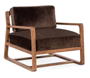 Moraine Accent Chair with low-slung vintage natural wood frame and plush Marcella chocolate fabric upholstery