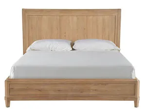 Canyon Panel Bed with natural wood finish and intricate wood paneling on headboard and footboard