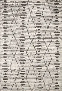 Kamala Charcoal / Dove Transitional Rug with linear Moroccan-inspired diamond and checkerboard pattern in charcoal and dov...