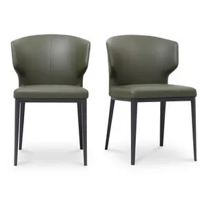 Set of two Delaney dining chairs in olive vegan leather with hourglass back and black tapered legs