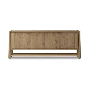 Smoked oak Salvador Sideboard with tapered legs, four doors, and paper cord shelf at the base