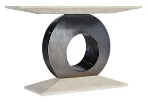 Modern Mood Accent Console with rectangular diamond-finished oak veneer top and metal-wrapped circular base in alabaster a...