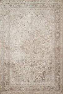 Loren Sand Taupe Rug with vintage hand-knotted floral pattern in beige and light blue tones on a soft polyester base