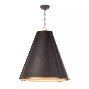 Large French Maid chandelier with blackened natural brass cone and natural brass rings top and bottom with diffuser shade