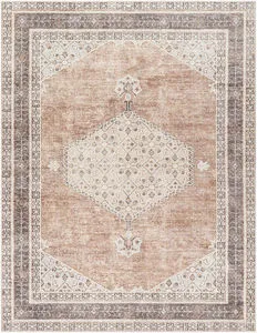 Lila Gray/Brown Machine Woven Rug with a central hexagonal medallion and intricate vintage-style border in muted gray and ...