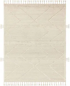 Beige and ivory hand-knotted wool and cotton rug with linear and braided Moroccan-style patterns and fringed edges