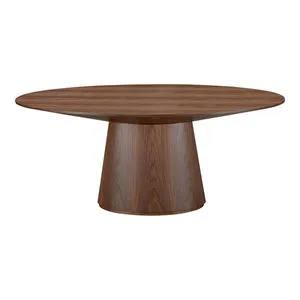 Oval dining table with polished walnut veneer top and tapered walnut pedestal base in warm brown finish