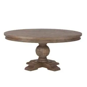 54-inch round dining table in weathered teak finish with hand-turned pedestal base and solid mango wood top