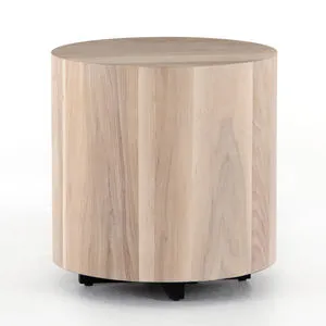 Hudson Round End Table in ashen walnut with natural wood grain and a smooth cylindrical shape