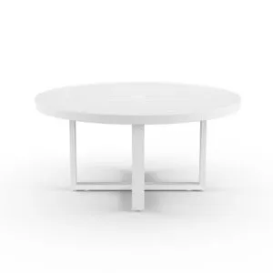 Round outdoor dining table with slatted top and sled base in powder-coated aluminum with Frost finish