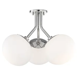 Contemporary semi flush ceiling light with three white glass globe shades and chrome metal frame