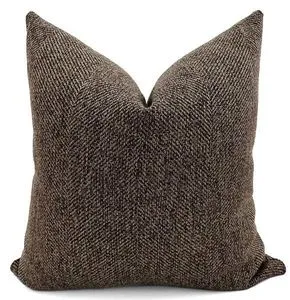 Almond jumper pillow cover with textured woven fabric in shades of brown, square shape with plush filling