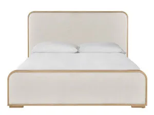 Upholstered panel bed with plush white body and fresh oak-finished rounded frame, dressed with white linens