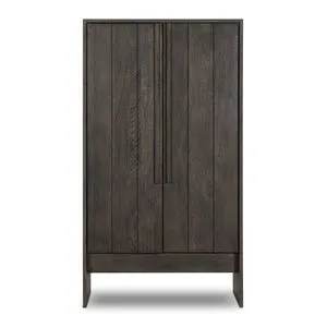 Elgin Cabinet in dark brown oak with plank-style doors and long linear handles, raised on legs