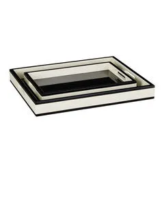 Set of two rectangular lacquer trays in ivory with black rim and high-gloss finish, nesting inside each other