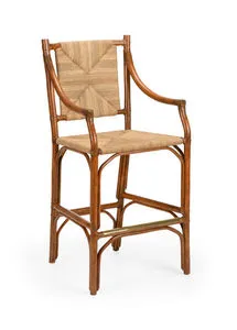 Mecklenburg Stool rattan barstool with natural finish, woven seat and back, and curved armrests
