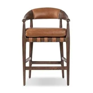 Dane Counter Stool with solid wood dark frame, tan top grain leather seat and backrest, handwoven leather strap detailing