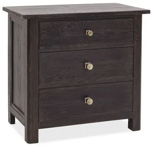 Driftwood three-drawer nightstand in Burnt Timber finish with brass knobs and sturdy square legs