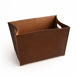 Chestnut leather tool box with smooth finish and cutout handles on sides
