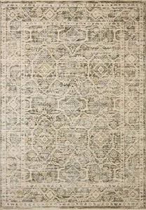 Traditional rectangular area rug with classic floral medallion pattern in olive and ivory hues with subtle blue and yellow...