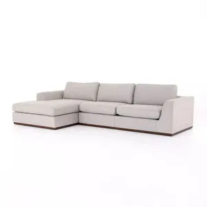 Colt 2 Piece Sectional in light grey poly linen blend with left arm facing chaise and wooden plinth base