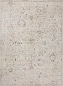 Marcella Beige Taupe Rug with subtle traditional motifs and distressed, screen-printed pattern in tonal cool hues