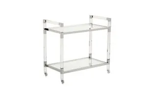Jacqueline Acrylic Bar Cart with clear acrylic frame, beveled tempered glass shelves, and nickel supports on wheels