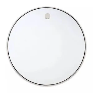 Round hanging mirror with a sleek nickel-finished frame and a small circular metal hook at the top center