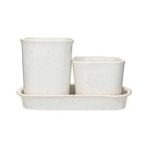 Product Image 1 for Rhea Stoneware Planters/Containers with Saucer, Set of 3 from Creative Co-Op