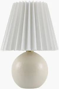Ferez accent table lamp with round beige ceramic base and white pleated linen shade