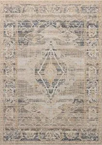 Milena Natural Ivory Rug in vintage style with neutral grey and beige tones and a central medallion pattern.