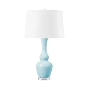 Ansonia Lamp with thin double-gourd ceramic base glazed in glossy light blue, clear acrylic base, white fabric shade