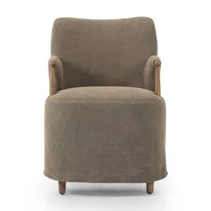Brently Dining Chair with flax linen slipcover, distressed oak arms, skirted base, and padded S-spring seat
