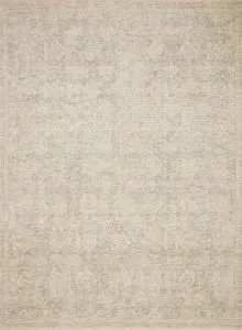 Top-down full view of Priya Navy/Ivory Rug with muted tonal geometric and floral pattern