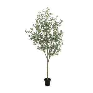 Tall faux eucalyptus tree with disc-shaped green leaves in a black plastic pot