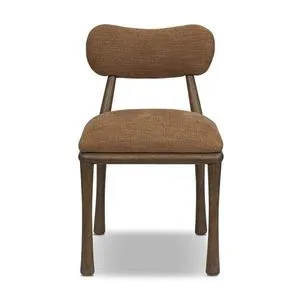 Juna Dining Chair with organic bean-shaped backrest, tapered wooden frame, and upholstered seat in brown fabric