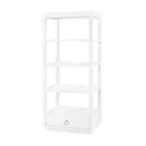Tall white étagère with four open shelves and one drawer featuring a metal ring pull handle